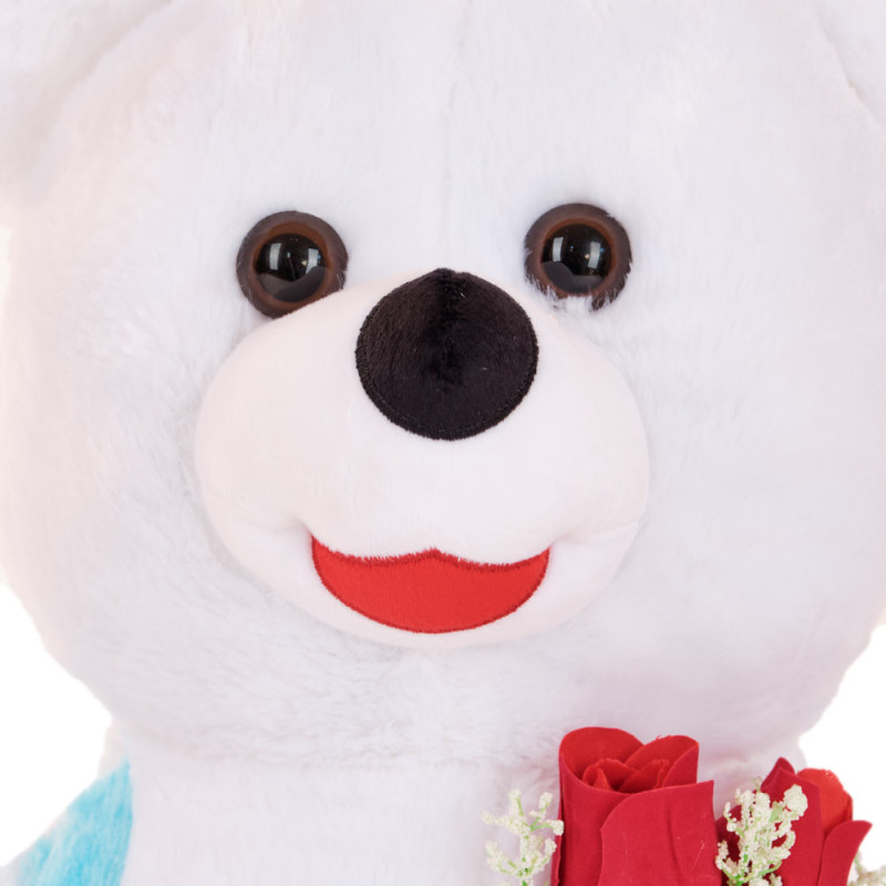 Плюшено мече Николай със син гащеризон, бяло, 80 см 