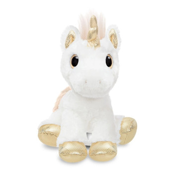 Плюшен еднорог със златен рог и грива Aurora, бял, 25 см