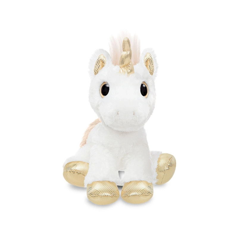 Плюшен еднорог със златен рог и грива Aurora, бял, 25 см