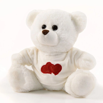 Плюшено мече с тениска на сърца, бяло, 18 см
