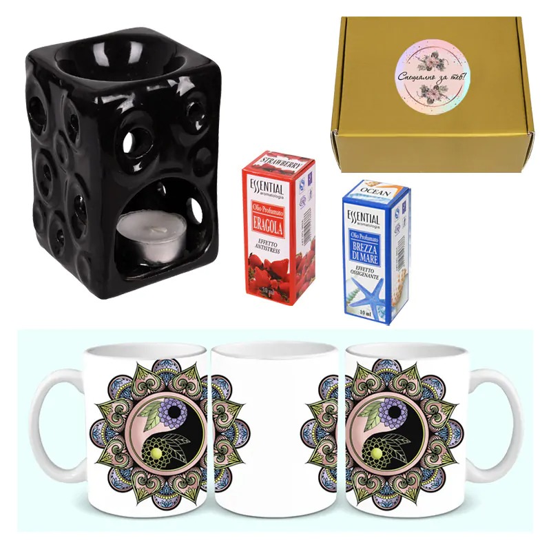 Комплект с черна арома лампа, чаша Мандала, 2 ароматни масла и 2 чаени свещи