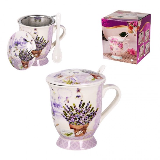 Луксозна чаша за чай в кутия Лавандула с капак и цедка /керамика/