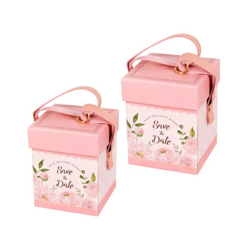 Подаръчна кутия Save the date с кожени дръжки, розова
