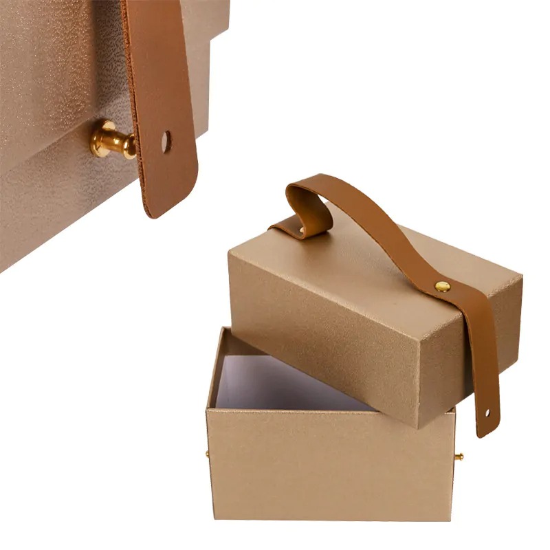 Подаръчна кутия с капак и кожена дръжка 2 в 1, кафява