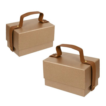 Подаръчна кутия с капак и кожена дръжка 2 в 1, кафява